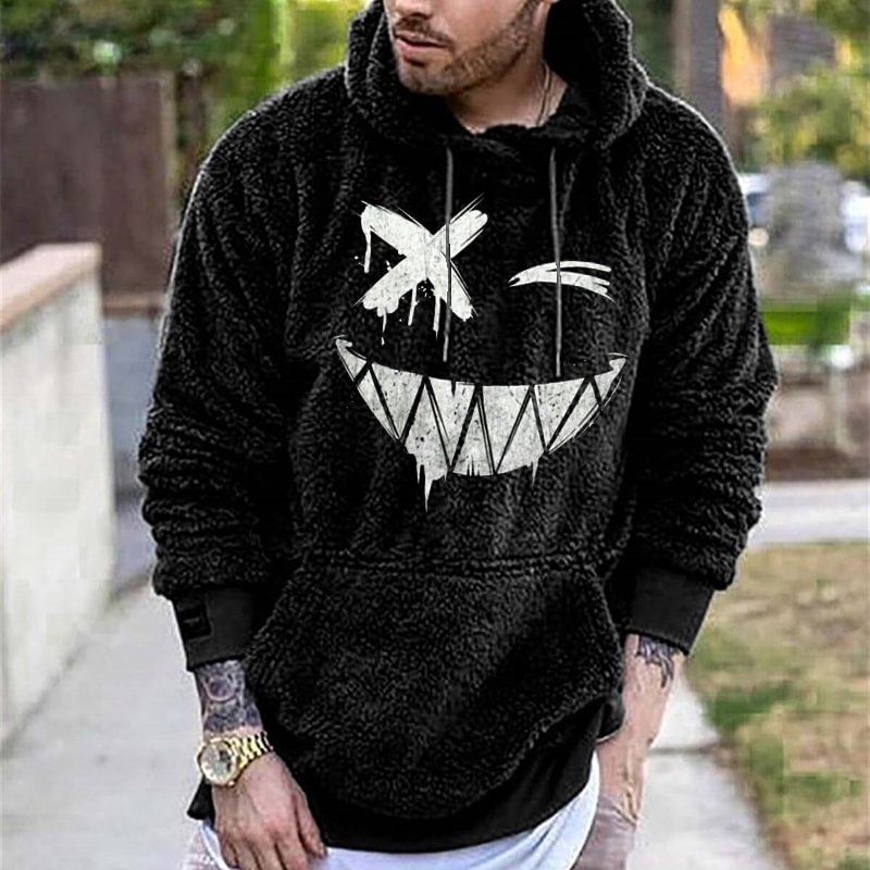 Smiley Print Plush Hooded Sweatshirt / Techwear Club / Techwear