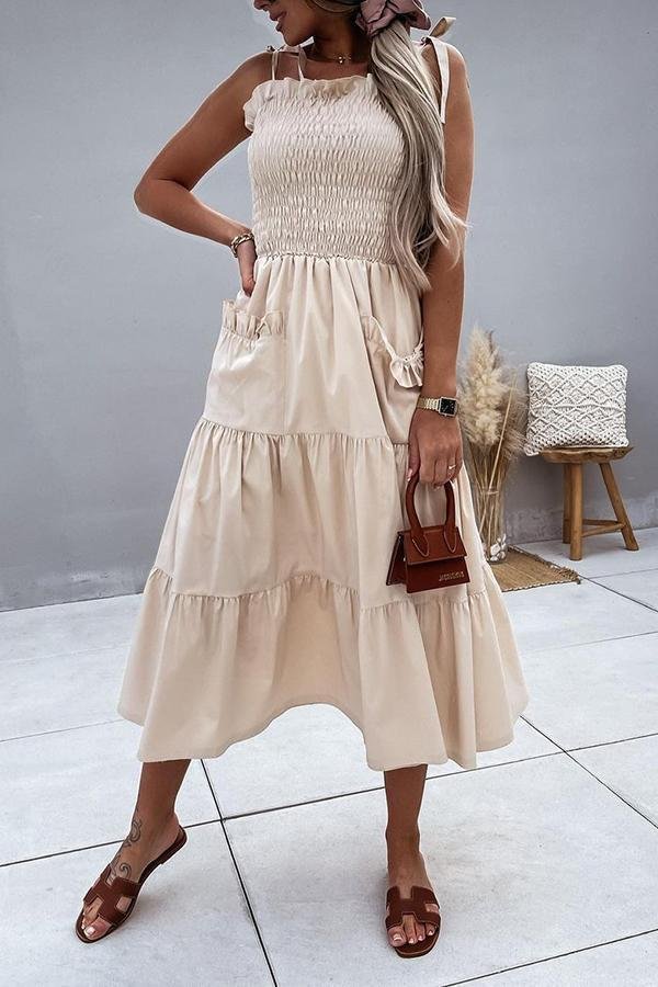 Solid Color Pleated Sling Dress P15036