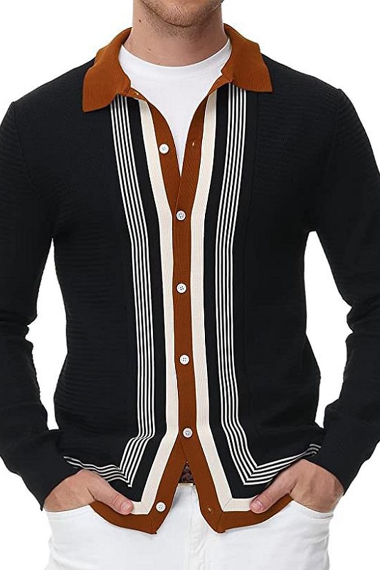 Tiboyz Men's Colorblock Button Lapel Knit Sweater
