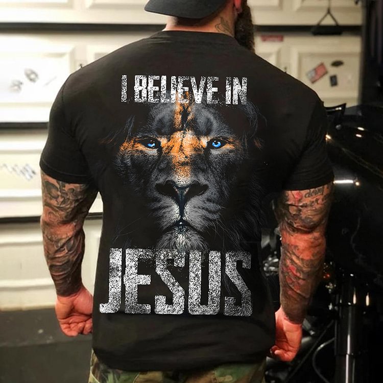BrosWear Animal Series Lion Print Jesus Concept Crew Neck T-shirt black