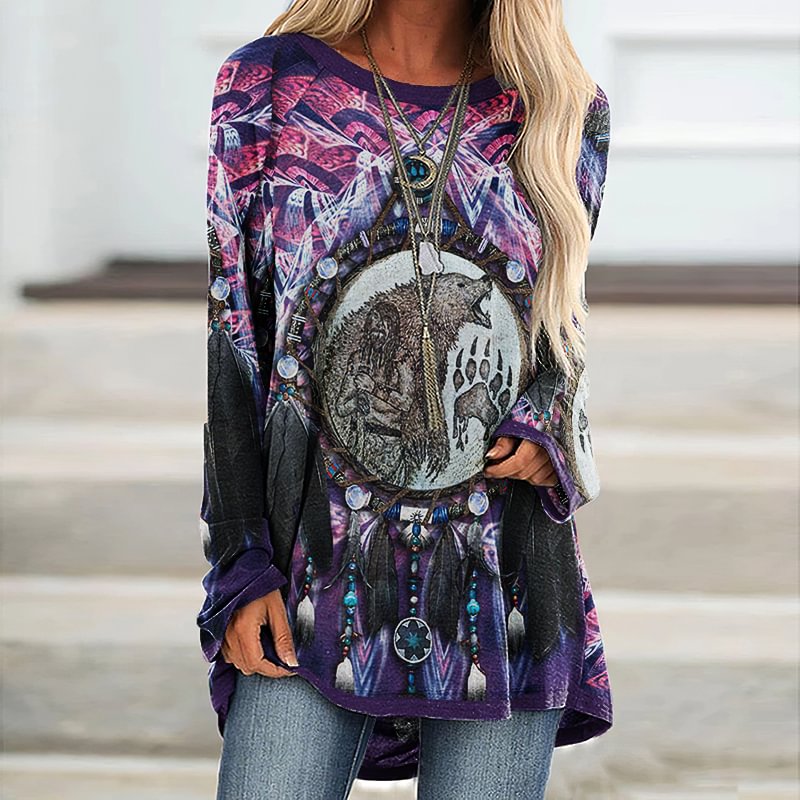 Polar Bear Tribal People Design Wind Chimes Embellished Mirror Pattern Women Longline T-shirt