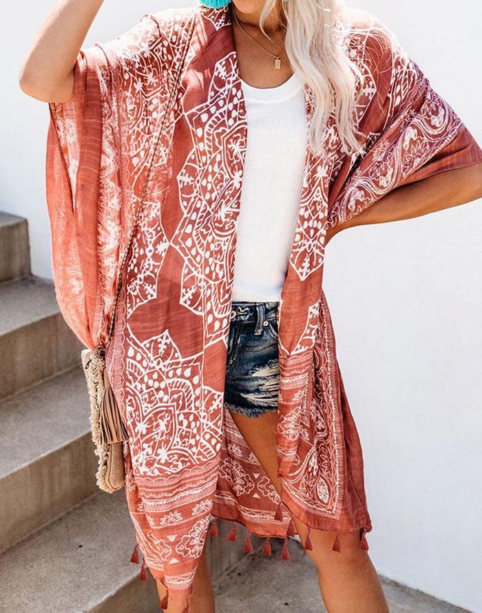 Brown Printed Fringe Blouse Cardigan Cover Up