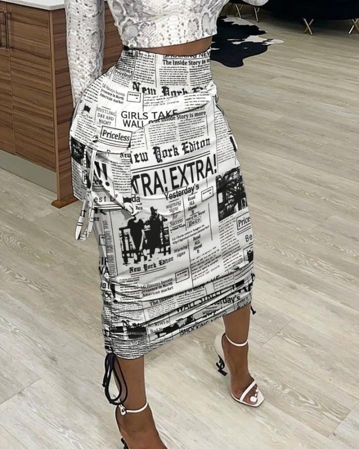 Newspaper Print Drawstring Ruched Skirt P13546