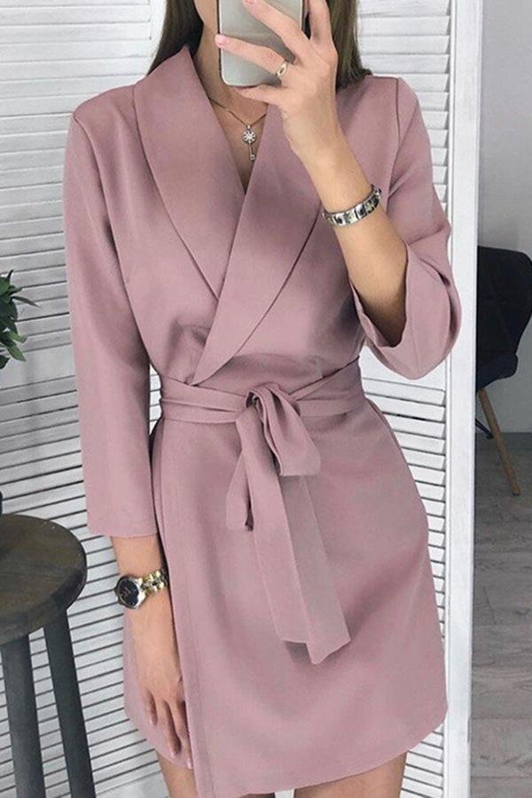 Womens 3/4 Length Sleeve Solid Color Lapel Dress-Allyzone-Allyzone