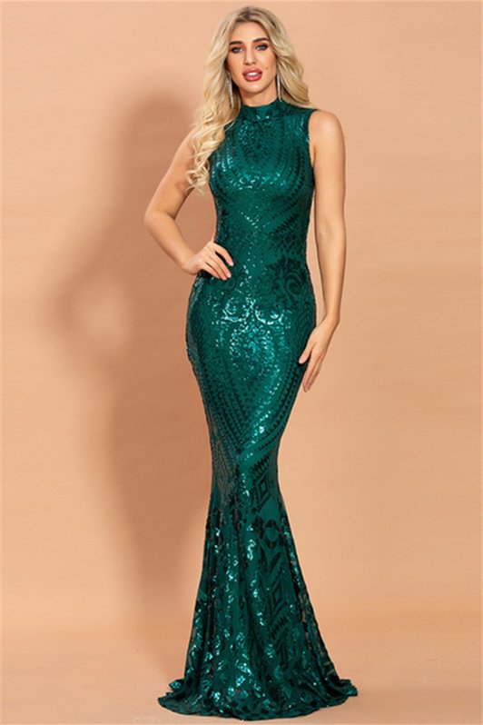 Luluslly High Neck Sleeveless Sequins Evening Dress Mermaid Online YE0173