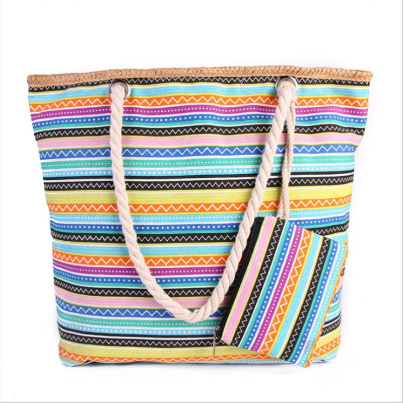 Outdoor colorful striped large capacity canvas handbag