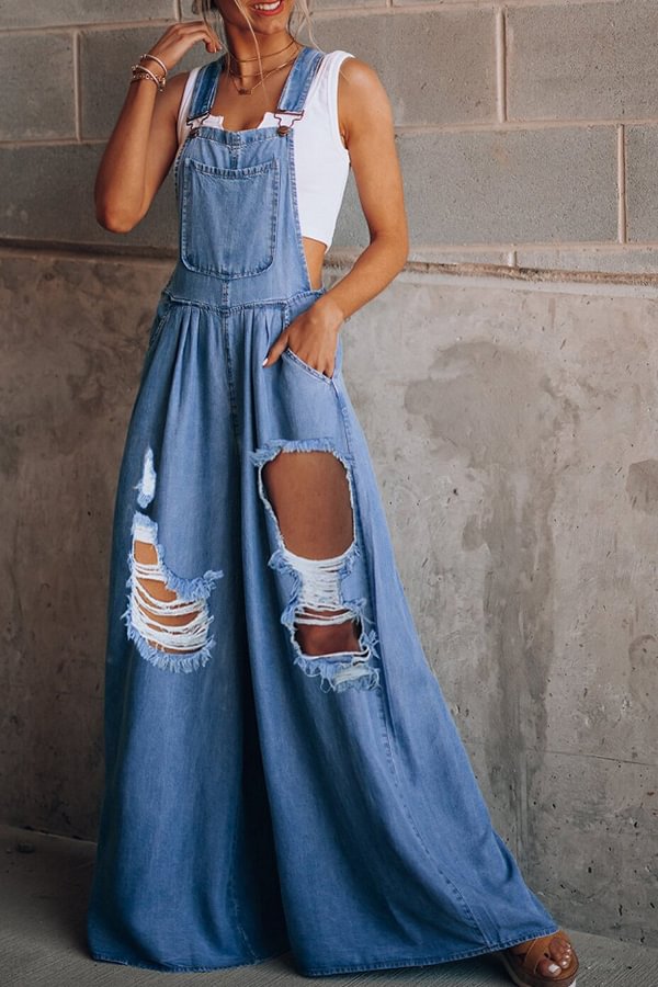 Fashion Solid Color Casual Loose Ripped Denim Jumpsuit