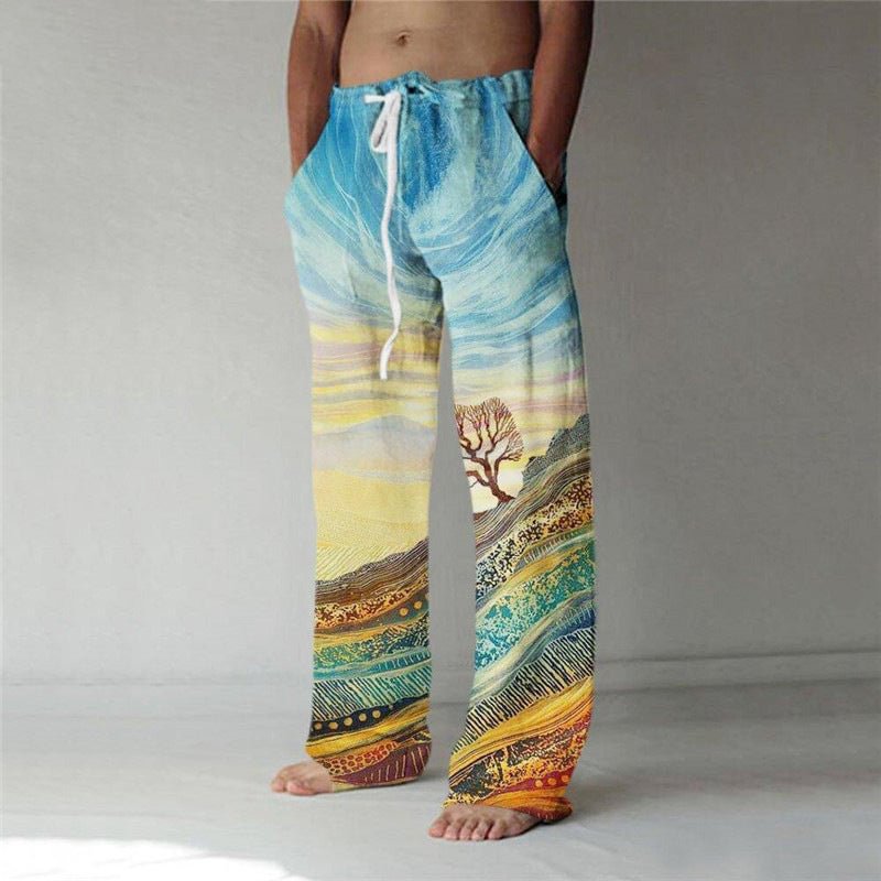Loose Sky Printed Pockets Elastic Waist Men's Pants-VESSFUL