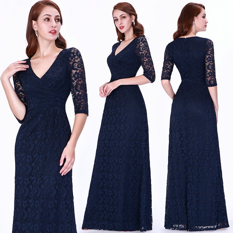 Gorgeous Half-Sleeve Lace Navy Evening Dresses Mermaid Prom Gowns