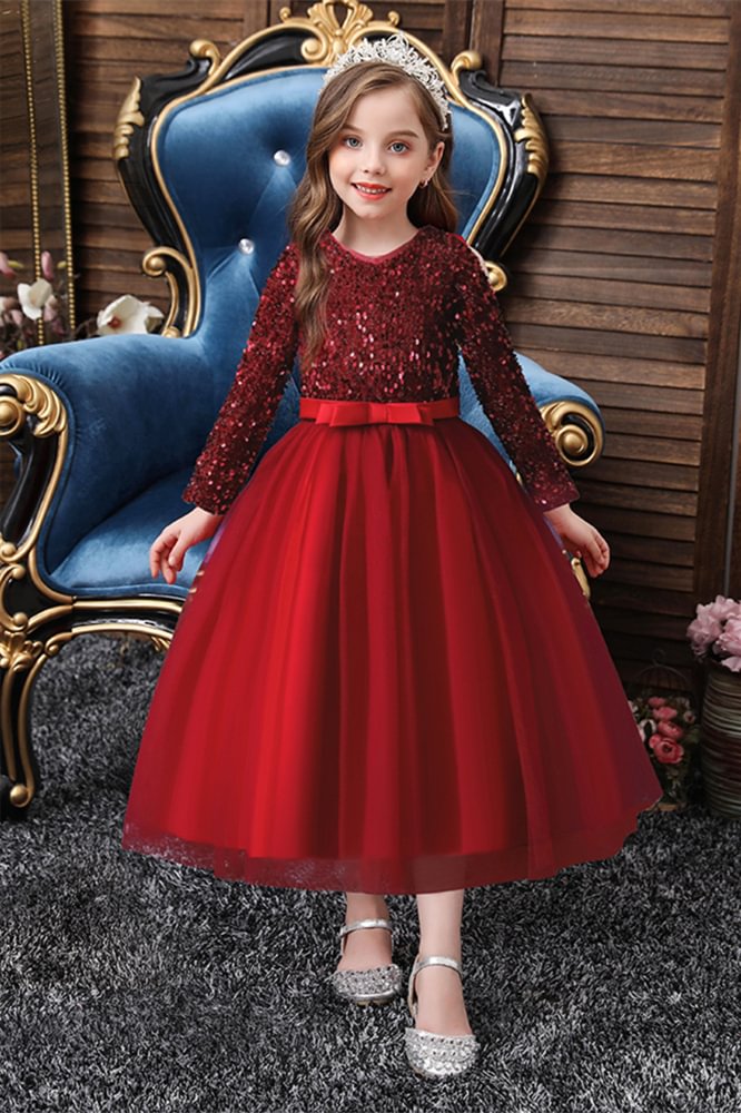 Luluslly Long Sleeves Sequins Little Girl Dress Long With Bowknot
