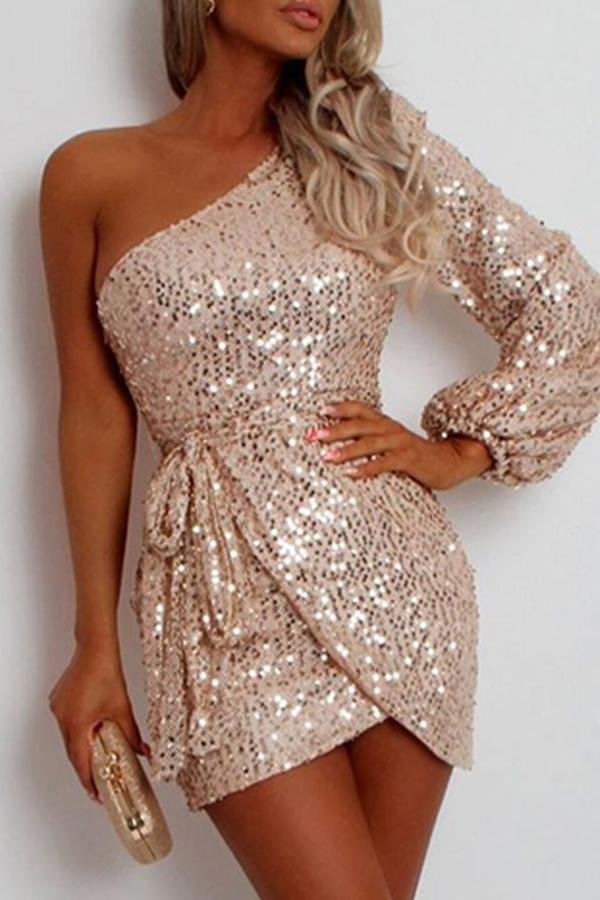 Womens Glittery Sequined One Shoulder Mini Dress-Allyzone-Allyzone
