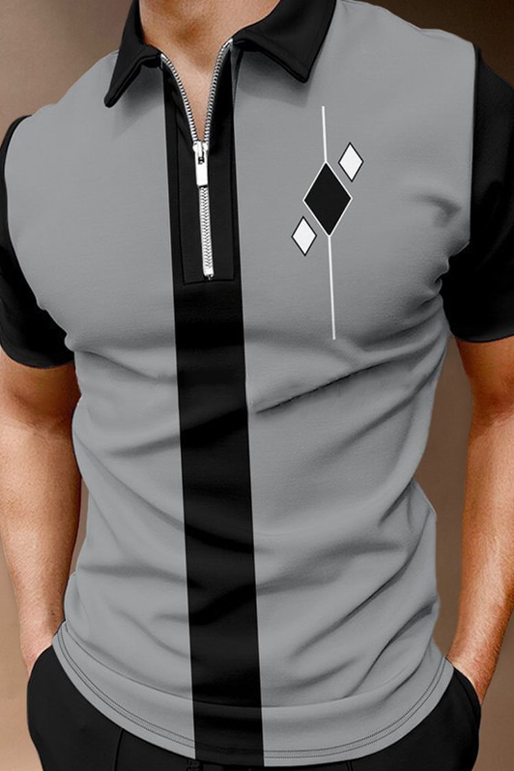 Tiboyz Men's Fashion Black Grey Print Polo Shirt