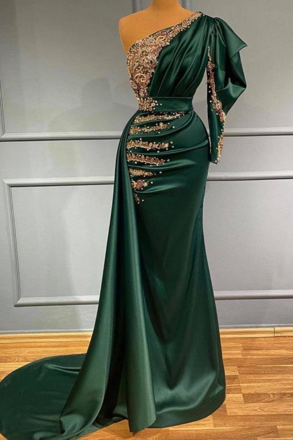 Luluslly Dark Green One Shoulder Mermaid Prom Dress With Beads