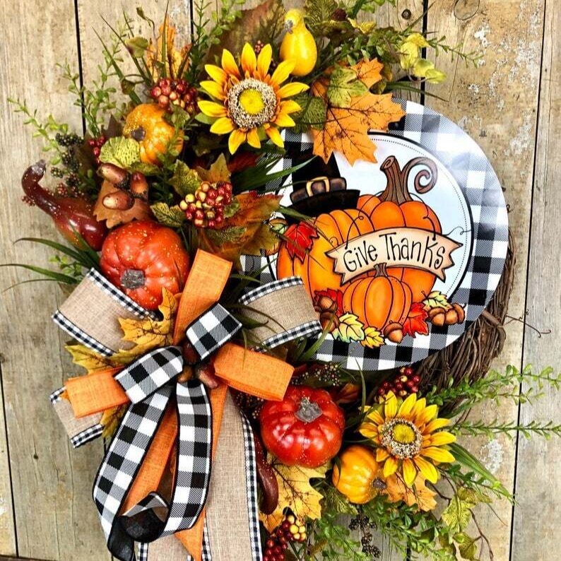 Farmhouse Buffalo Check Pumpkin And Sunflower Wreath Fall Wreaths For Front Door、、sdecorshop