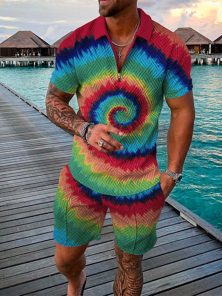 Men's Seaside Texture Tie-Dyed Printed Polo Suit