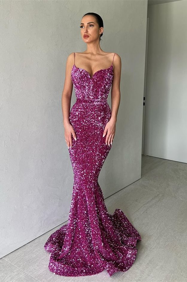 Luluslly Spaghetti-Straps Mermaid Sequins Prom Dress Long