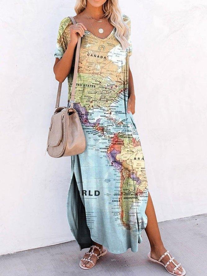 World Map Printing Casual Short Sleeve Maxi Dress-Corachic