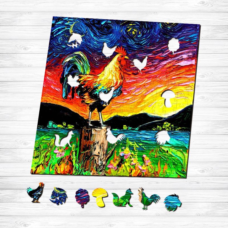 Jeffpuzzle™-JEFFPUZZLE™ Van Gogh Starry Sky - Rooster Wooden Puzzle