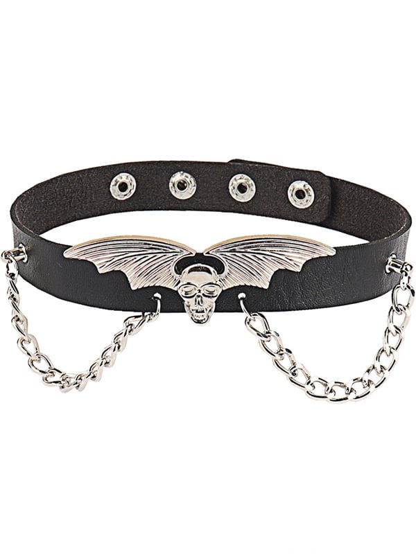 Gothic Dark Skull Bat Chain-trimmed Black PU Choker