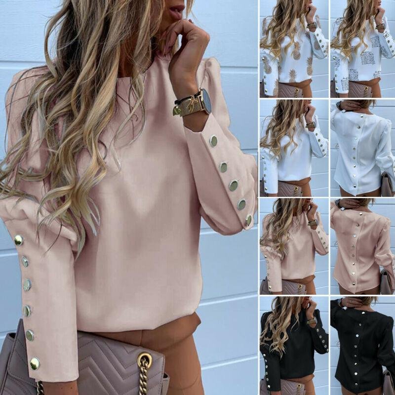 2021 Work Wear Women Blouses Long Sleeve Back Metal Buttons Shirt Casual O Neck Printed Plus Size Tops Fall Blouse Drop Shipping P10016