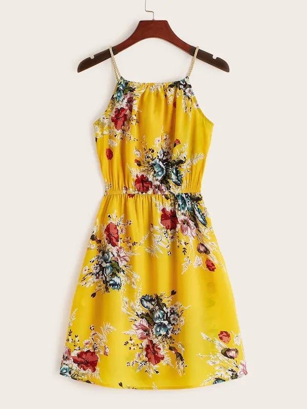 Floral Print Tie Front Slip Dress-Corachic
