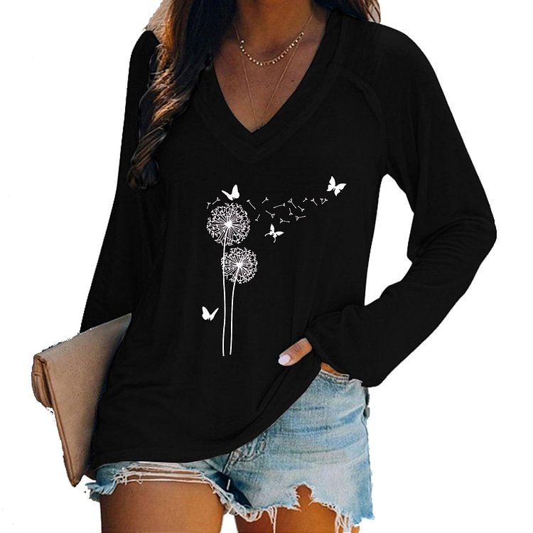 Women's printed long-sleeved V-neck stitching casual plus size T-shirt top
