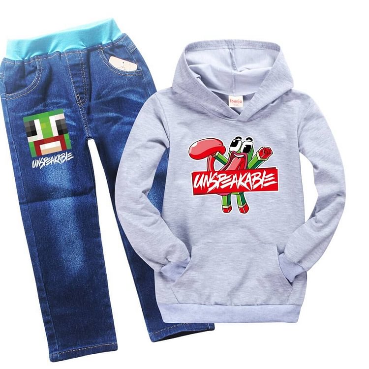 Mayoulove Boys Girls Minecraft Unspeak Print Kangaroo Pocket Hoodie Jeans Outfit-Mayoulove