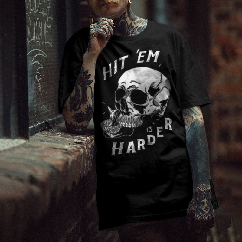 Hit Them Harder Skull Printing Men's T-shirt Designer -  UPRANDY