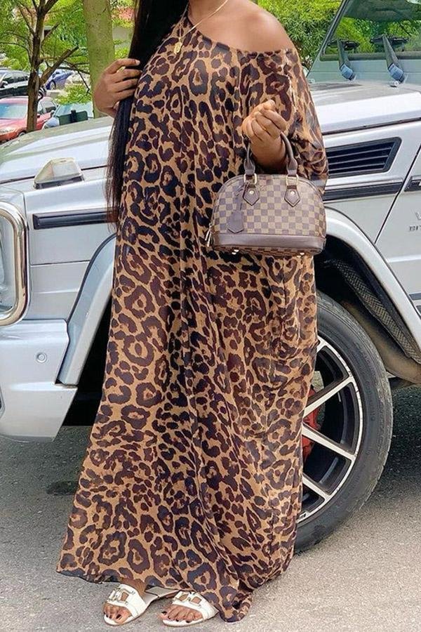 Leopard Oblique Collar Short Sleeve Maxi Dress