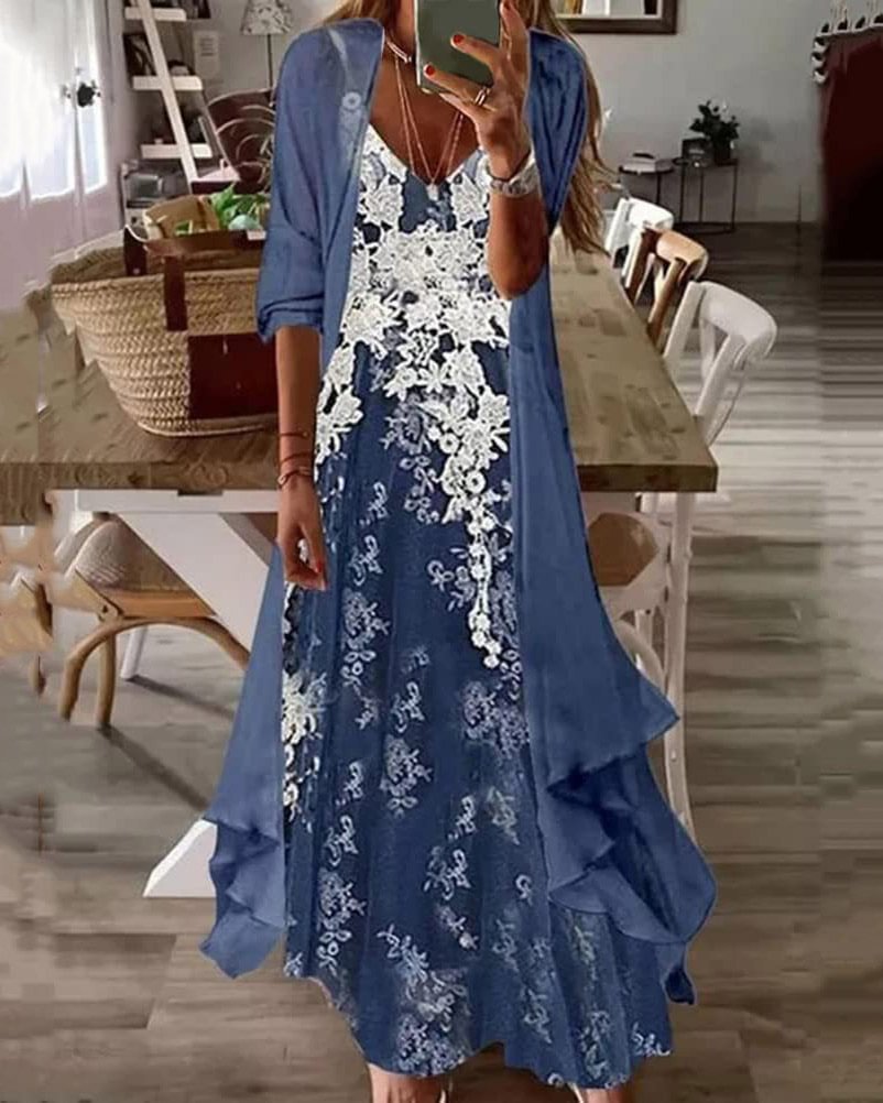 Two-Piece Casual V-Neck Floral Long Dress