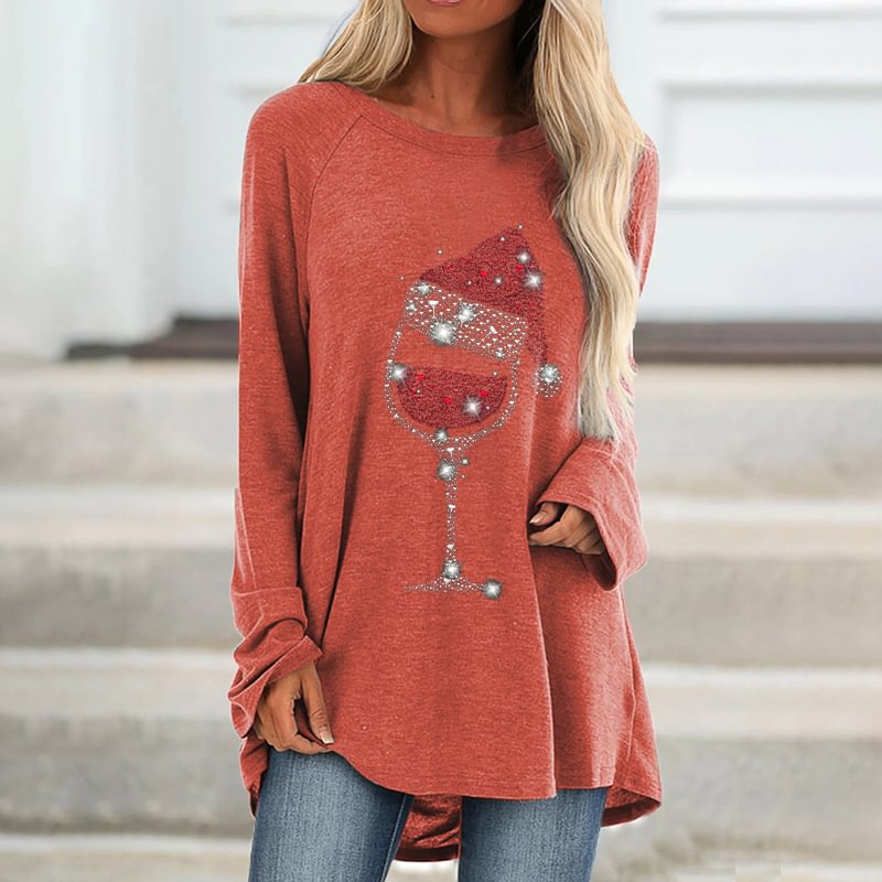 Sparkle Christmas Hat And Red Wine Glass Printed Loose T-shirt
