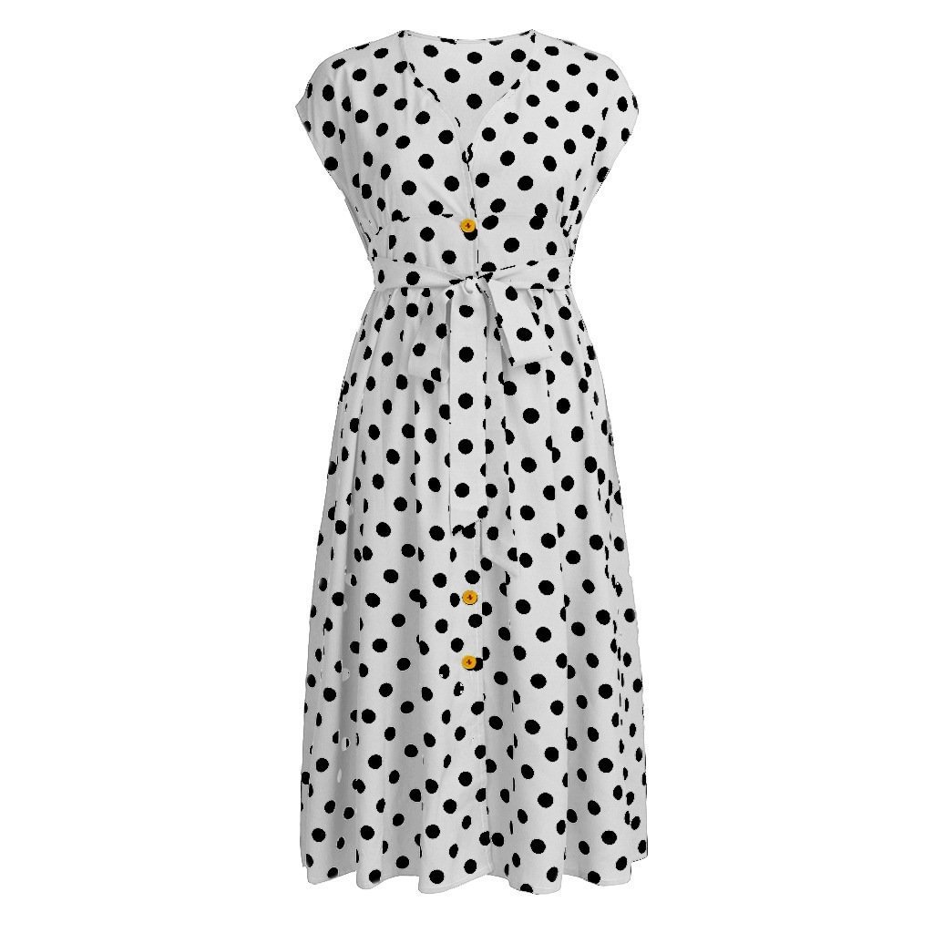 Women's Plus Size Polka Dot Dress Button Tie Waist V-neck Skirt-Corachic