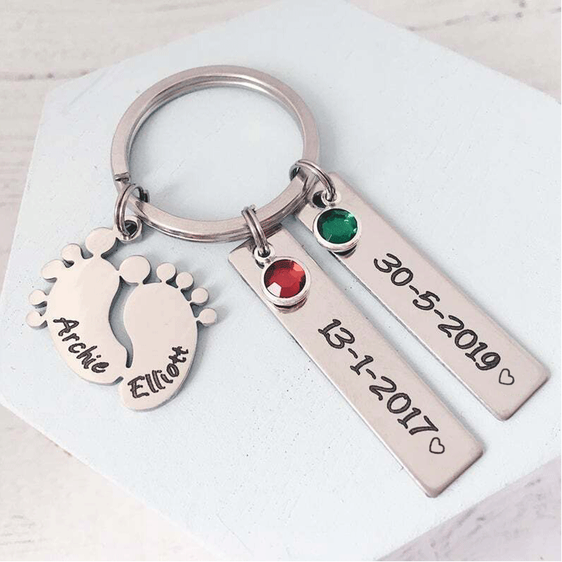 Personalized Baby Feet Keychain With 2 Names and 2 Birthstones