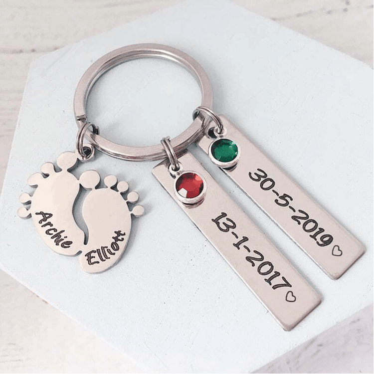 Personalized Baby Feet Keychain With 2 Names and 2 Birthstones