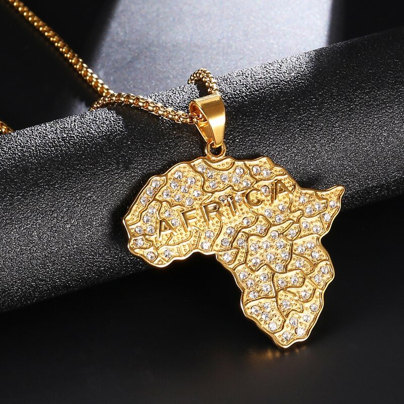 Iced Out Bling Africa Map Pendant Necklace Hip Hop Jewelry-VESSFUL