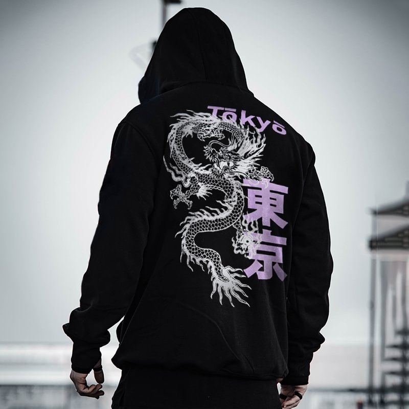 Men Japanese Letter & Chinese Dragon Graphic Jacket