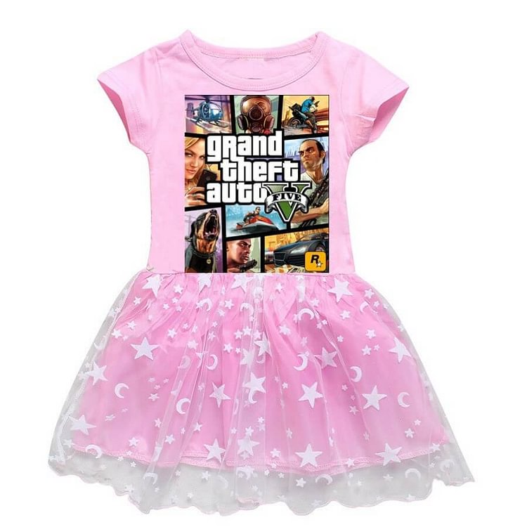 Grand Theft Auto V 5 Print Girls Short Sleeve Moon Star Tulle Dress-Mayoulove