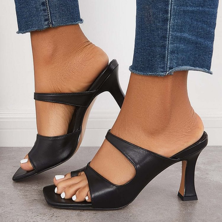 Square Toe Ring Slip On Mule Heels Dress Sandals