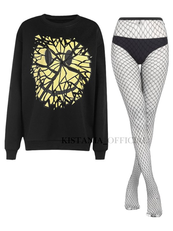Graphic Smile Face Oversized Sweatshirt + Sexy Black Fishnet Tights 2 Pieces Sets