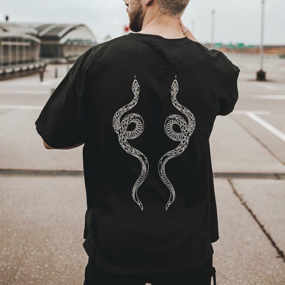 Double snake print casual loose T-shirt designer -  UPRANDY