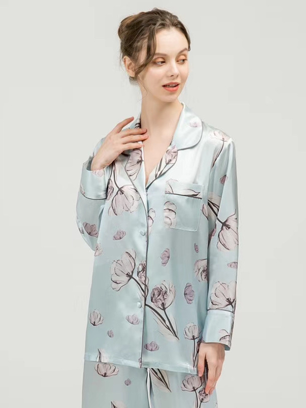 19 Momme Spring Blue Floral Silk Pajamas-Real Silk Life