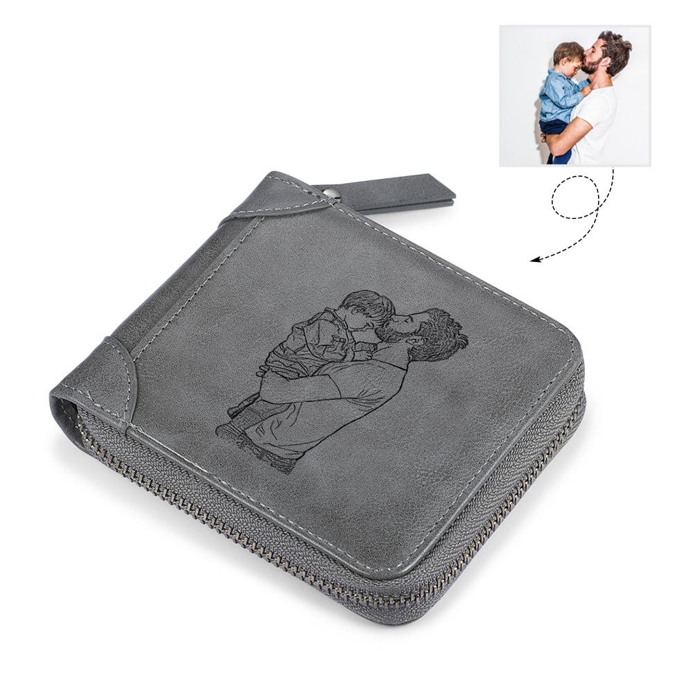 Benutzerdefinierte Foto Gravierte Brieftasche mit Reißverschluss - Graues Leder Geldbörse  m1-t1 Kettenmachen