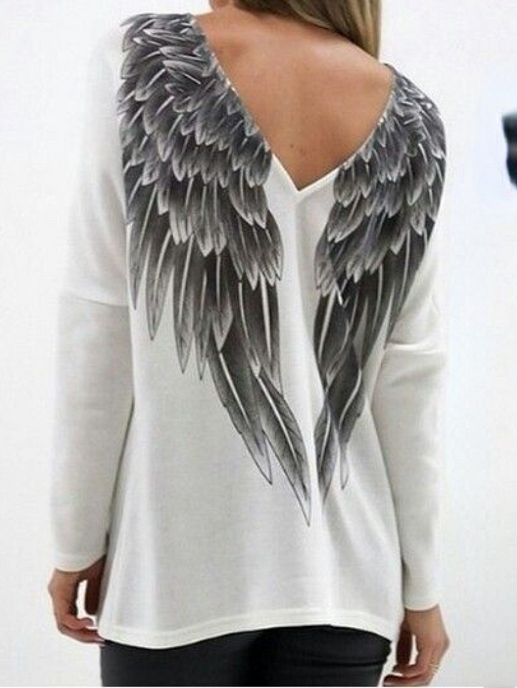 Casual punk female T-shirt with V-neck wings printed on the back