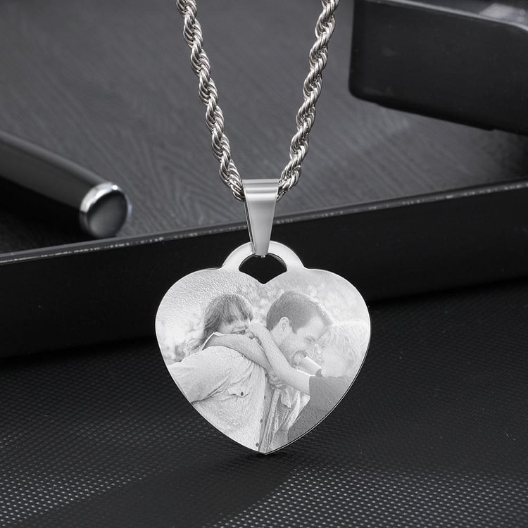 Personalized Picture Engraved Necklace Heart Design Pendant, Custom Necklace with Picture and Text