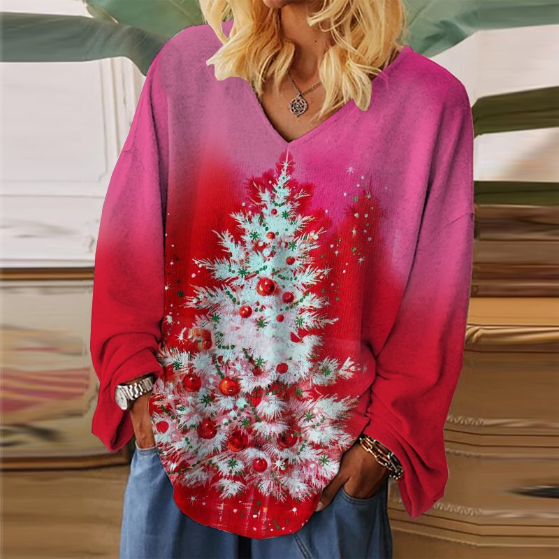 Beautiful Christmas Tree Printed V-neck Women's Long-Sleeve T-shirt