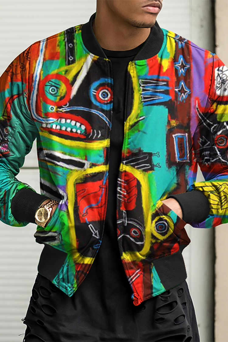 Tiboyz Men'S Art Creation Graffiti Print Stand Collar Casual Jacket