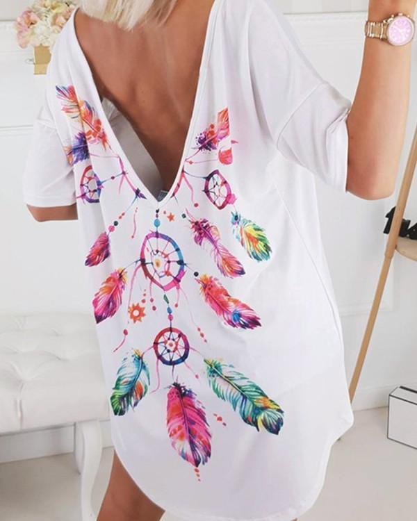 feather print open back casual blouse p121449