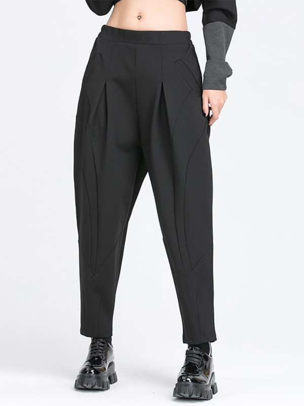 Simple Casual Split-Joint Pleats Black Harem Pants
