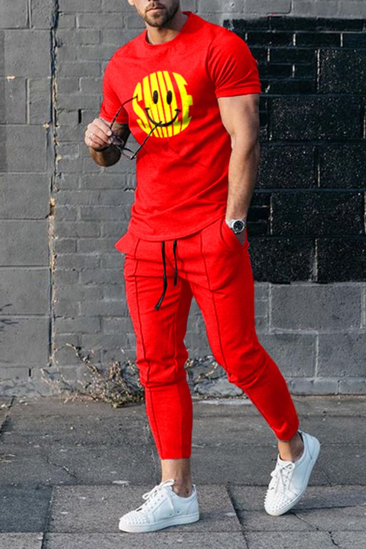 Tiboyz Casual Red Smile T-Shirt And Pants Two Piece Set