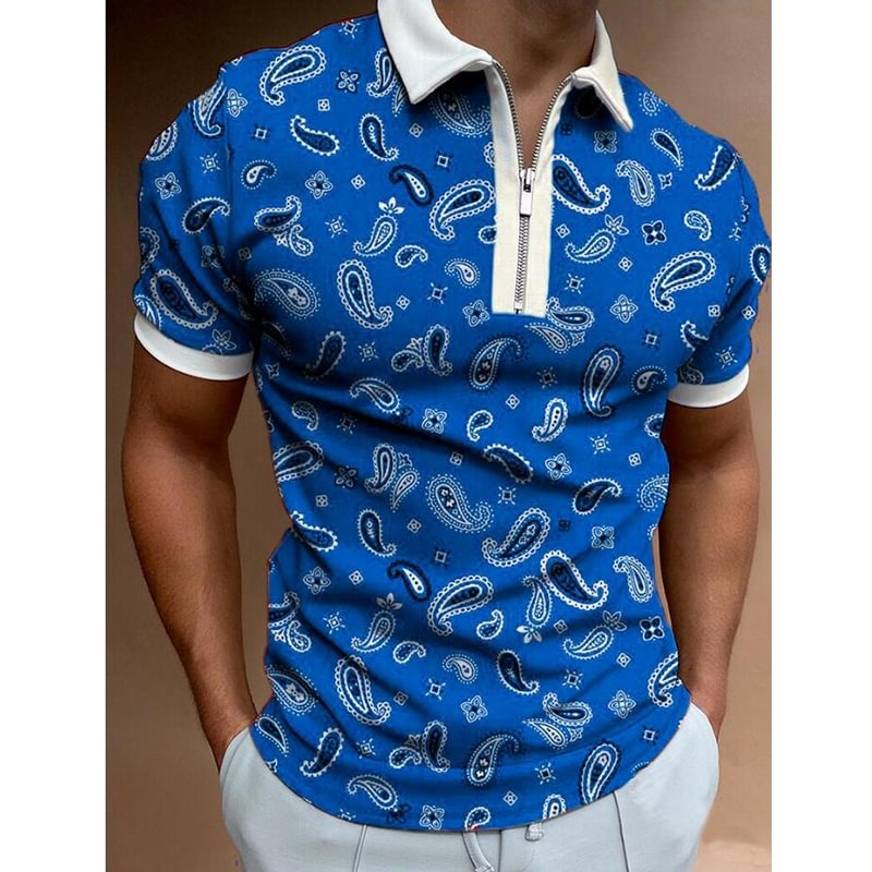 Golf Casual Plaid Print Short Sleeve Turn-Down Collar Zipper Men's Polo Shirts Tops-VESSFUL